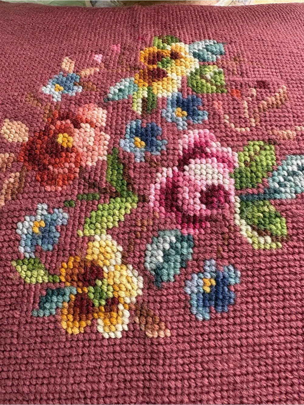 Embroidered Handmade Floral Needlepoint Pillow Cover🌸Rose Pink with Velvet Back